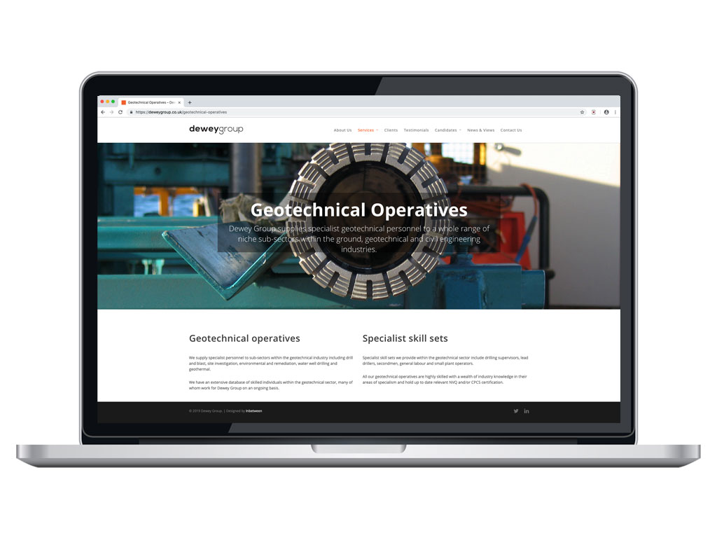website design view on macbook geotechnical bench geotechnical operatives page for Dewey Group creative work website design and marketing