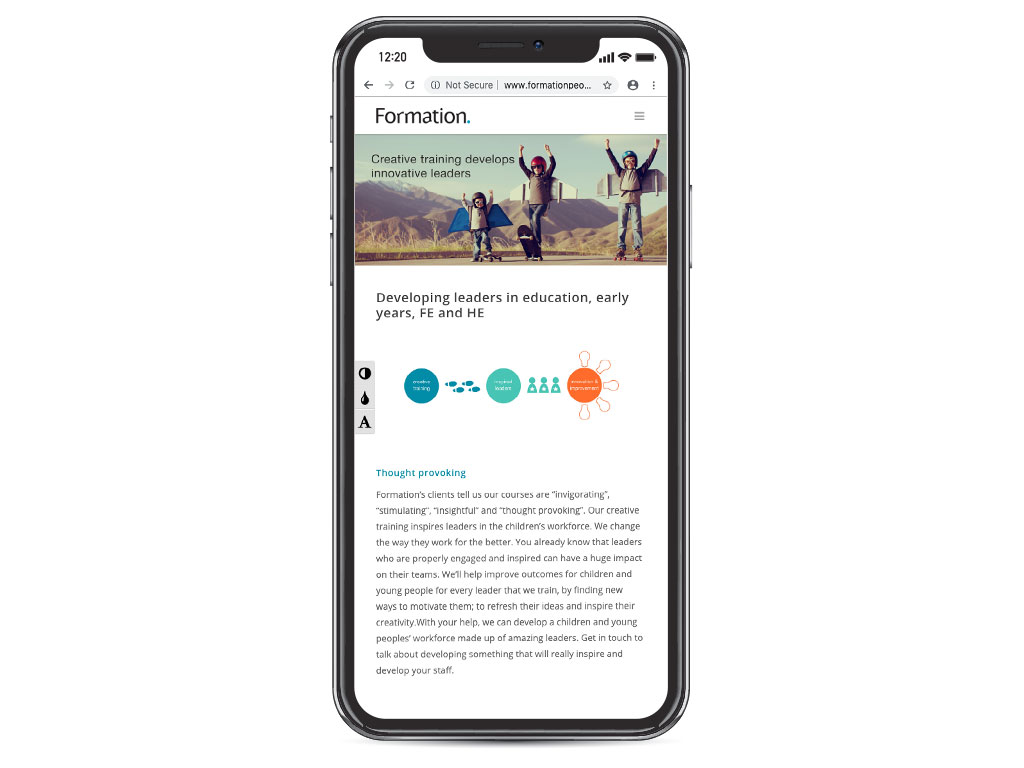 website design view on iphone X boys aeroplane wings developing leaders in education page for Formation creative work website design and marketing