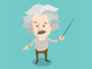 Albert Einstein cartoon character holding a wand