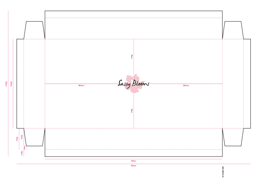 packaging technical drawing of box for Sassy Blooms creative work branding and packaging