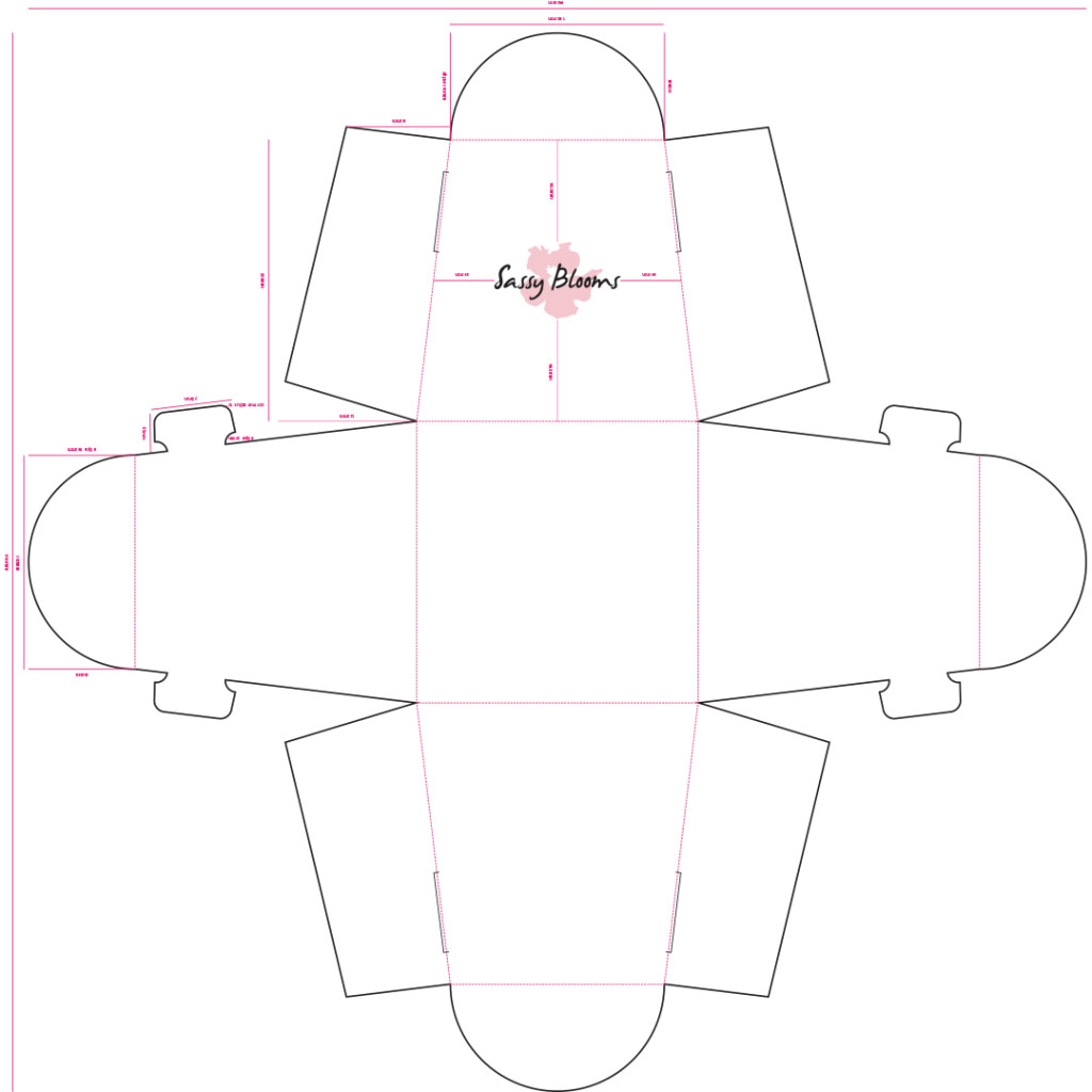 packaging technical drawing of bespoke flower vase for Sassy Blooms creative work and branding and packaging