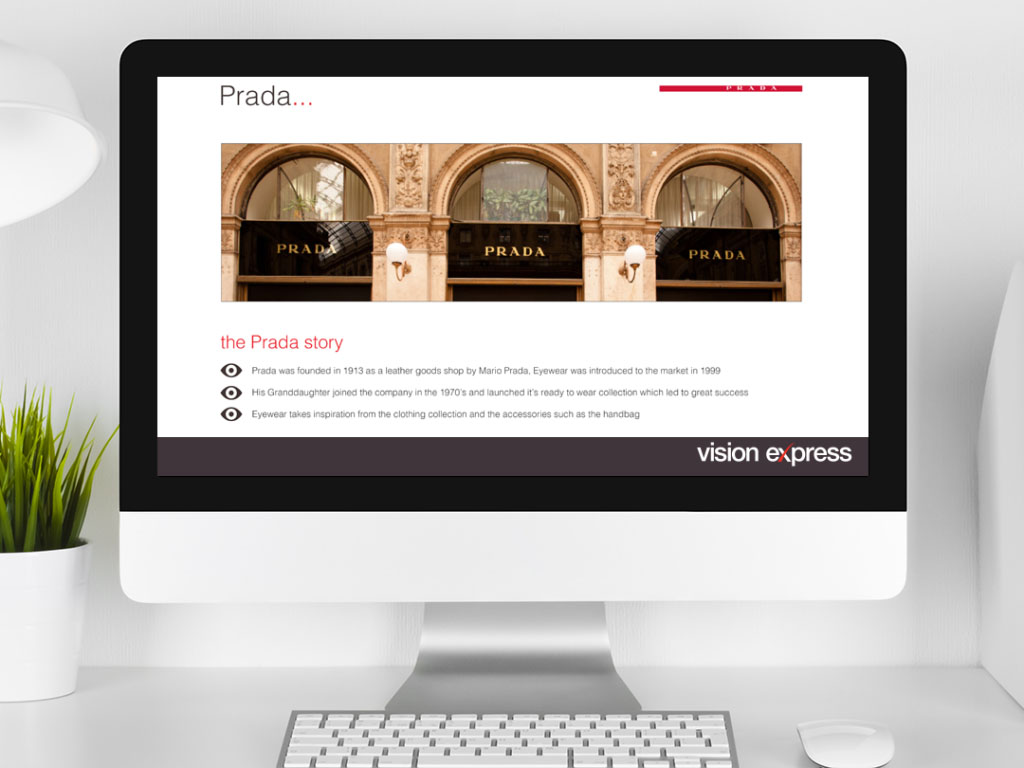 design view on Imac for brand module Prada e-learning platform created for Vision Express creative work