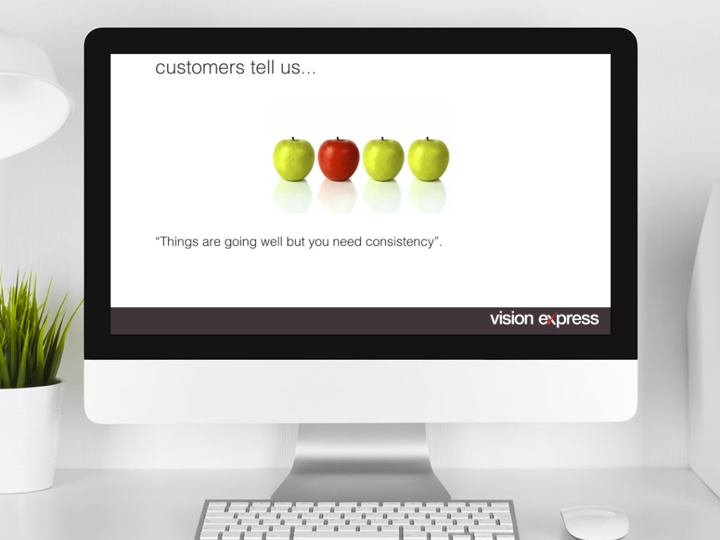 design view on Imac for scene module consistency e-learning platform created for Vision Express creative work