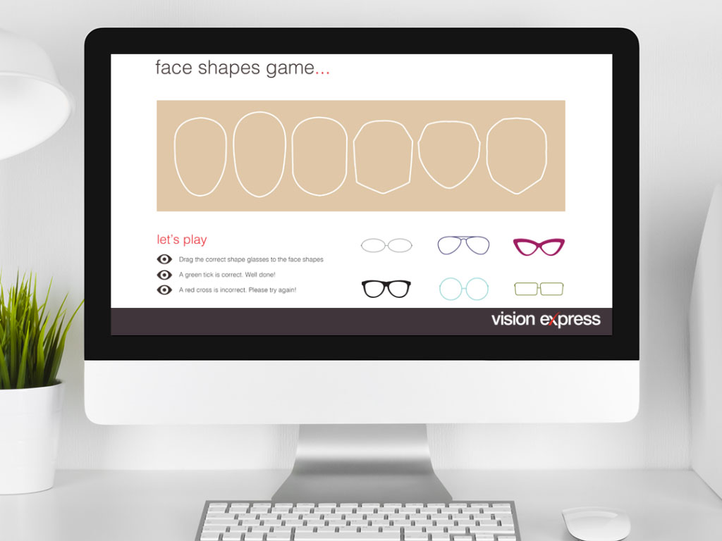 design view on Imac for style face game module e-learning platform created for Vision Express creative work