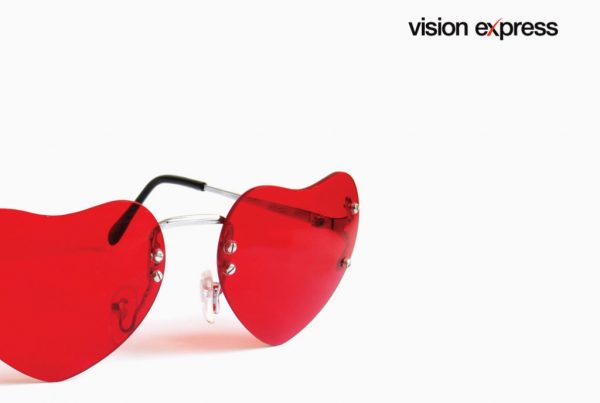 red heart shape sunglasses concept for Vision Express creative work and e-learning platform