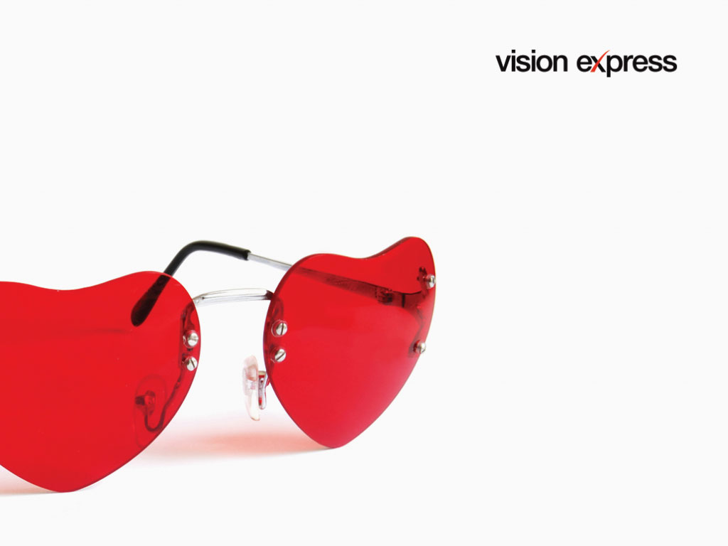 red heart shape sunglasses concept for Vision Express creative work and e-learning platform