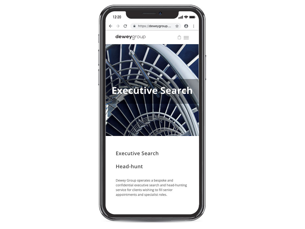 website design view on iphone X spiral stairs executive search page for Dewey Group creative work website design and marketing