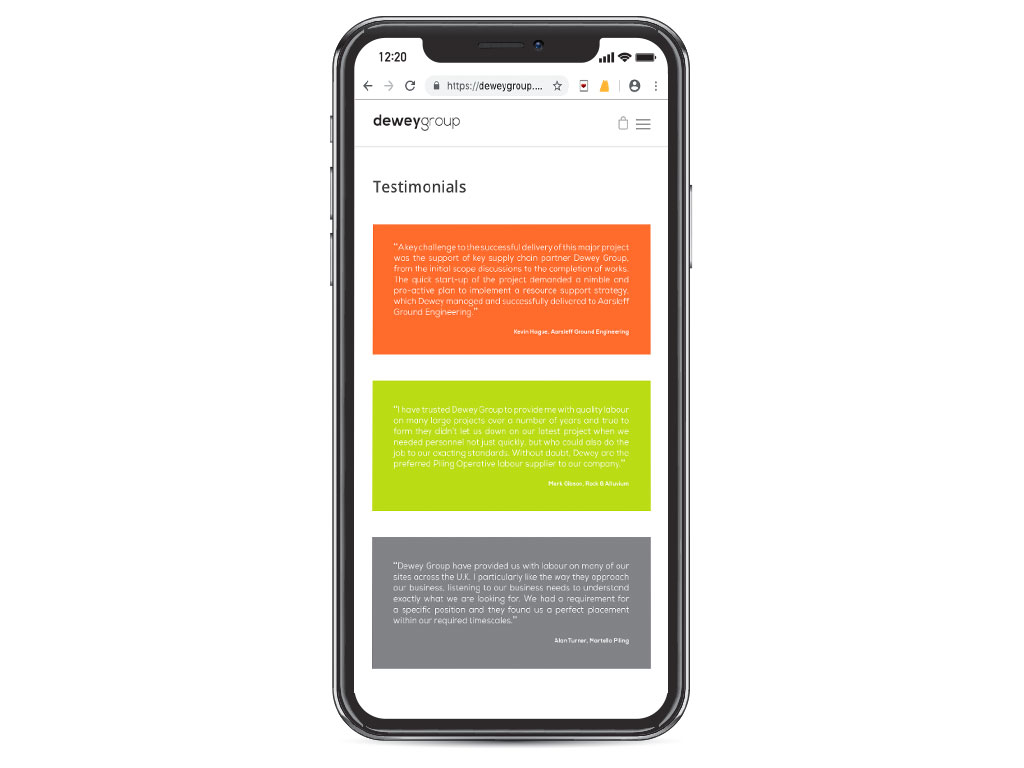 website design view on iphone X testimonial boxes page for Dewey Group creative work website design and marketing