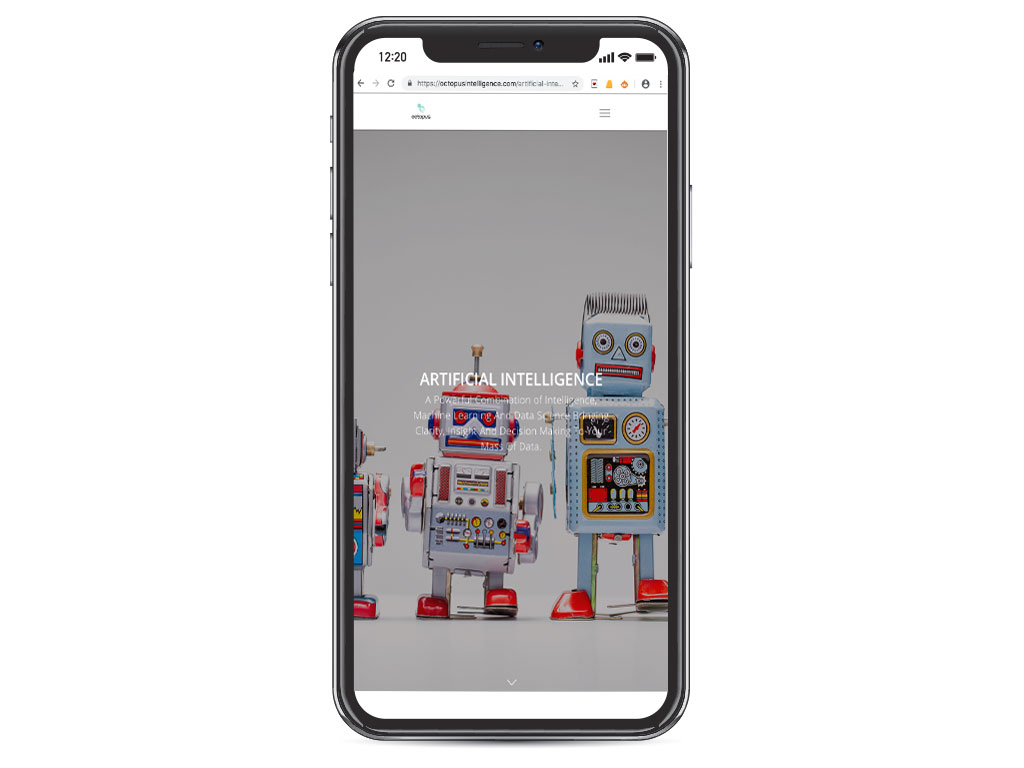 website design view on iphone X retro tin robots artificial intelligence page for Octopus Intelligence creative work website design and marketing