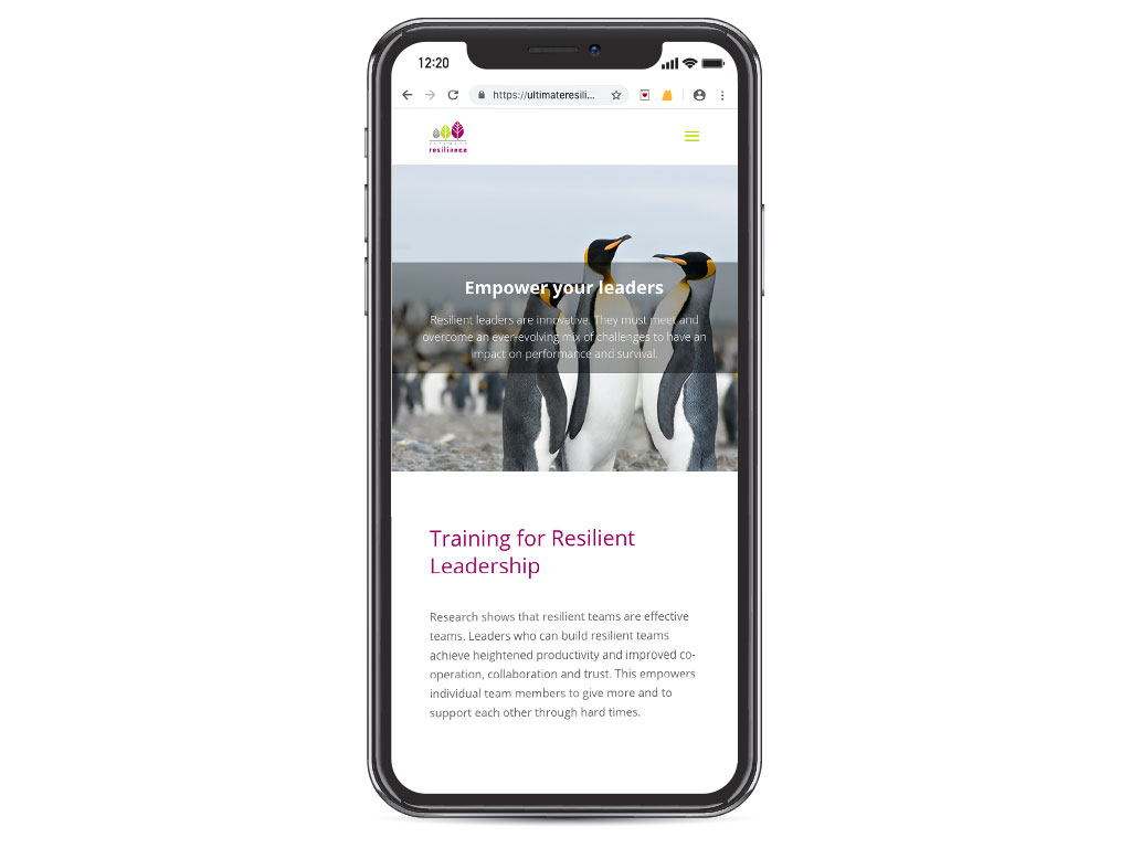 website design view on iphone X penguin leaders empower leaders page for Ultimate Resilience creative work website design and marketing