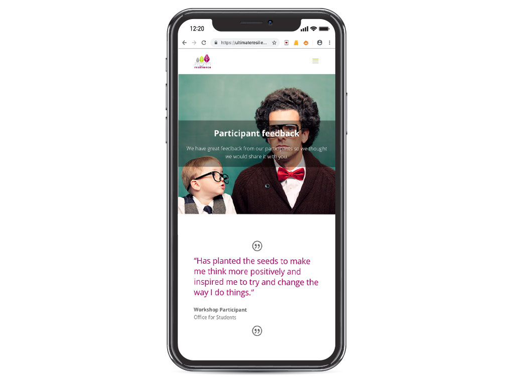 website design view on iphone X nerd boy participant feedback page for Ultimate Resilience creative work website design and marketing